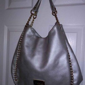 Vintage Bebe Colette Triple Compartment Hobo Purse (Silver w/ Gold Accents)